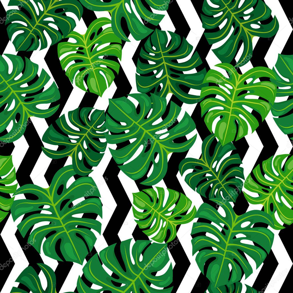Green leaves on black and white background. Seamless pattern.