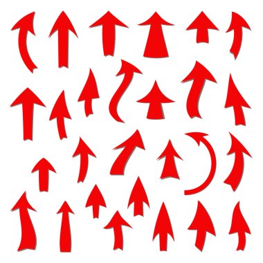 beyaz zemin üzerine Kırmızı oklar kümesi.