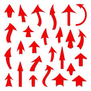 beyaz zemin üzerine Kırmızı oklar kümesi.