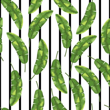 Yeşil muz siyah ve beyaz arka plan üzerinde bırakır. Seamless modeli. Vektör.