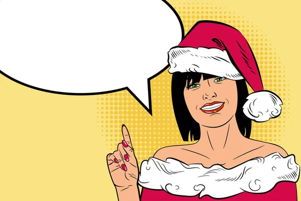 Noel Baba şapkalı güzel genç bir kadın pop sanat çizgi romanları tarzında. Yeni Yıl ve Noel. — Stok Vektör