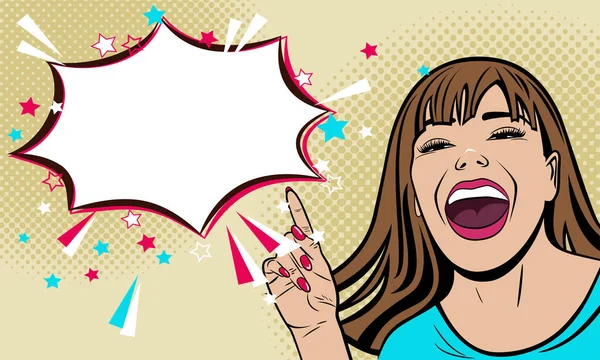Hermosa joven riendo chica muestra un dedo en un anuncio importante. Mujer pintada en estilo pop art. Vector . — Vector de stock