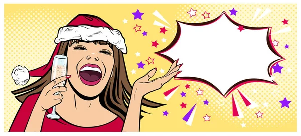 Hermosa mujer joven en el sombrero de Santa Claus en el estilo de los cómics de arte pop. Año Nuevo y Navidad . — Vector de stock