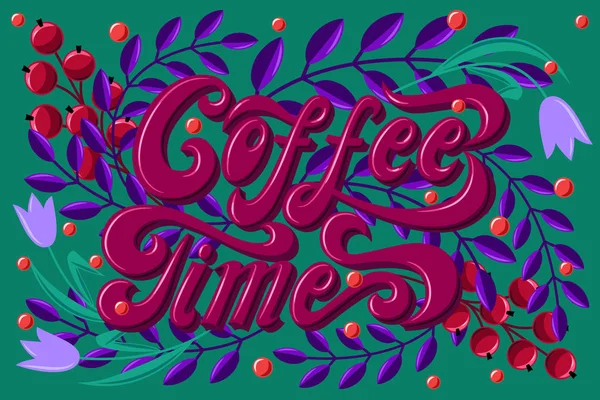 Hora del café. Hermosa tarjeta decorativa. Letras para camisetas, copas, gafas. Las cartas están escritas a mano. . — Vector de stock