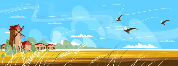 Paysage rural avec l'image d'un moulin. Récolte. Illustration vectorielle . — Image vectorielle