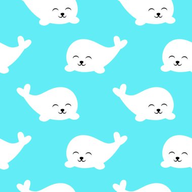 Şirin bebek fok balığı. Mavi arka planda kusursuz desen. Çocuklar için çizim.