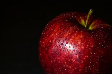 wet red apple in drops of water on a black  clipart