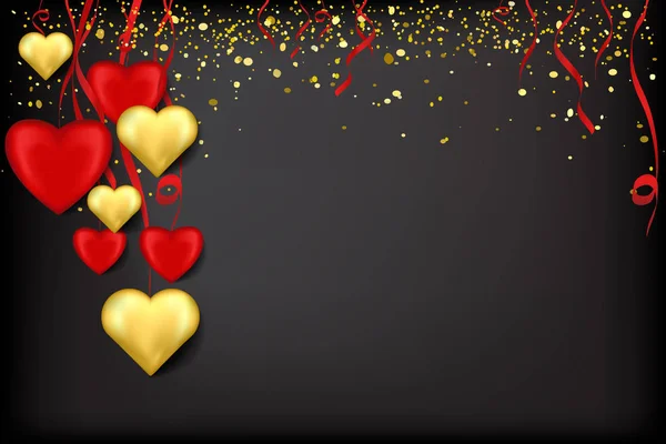 Coeurs rouges et dorés sur rubans avec confettis sur un noir — Image vectorielle