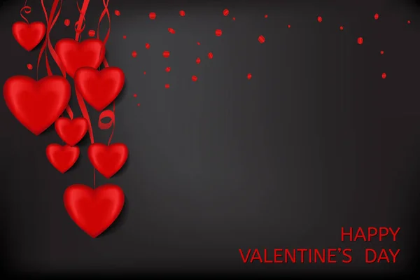 Coeur rouge avec rubans et confettis sur fond noir — Image vectorielle