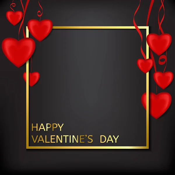 Carte Saint Valentin avec coeurs rouges et cadre doré — Image vectorielle