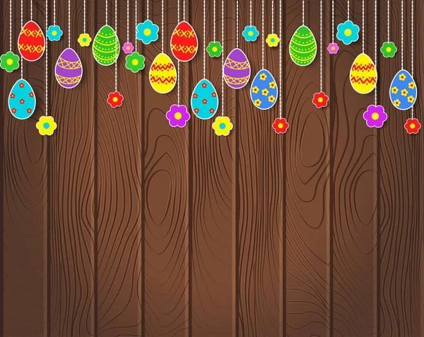 Wood background with hanged Easter eggs — Stock Vector