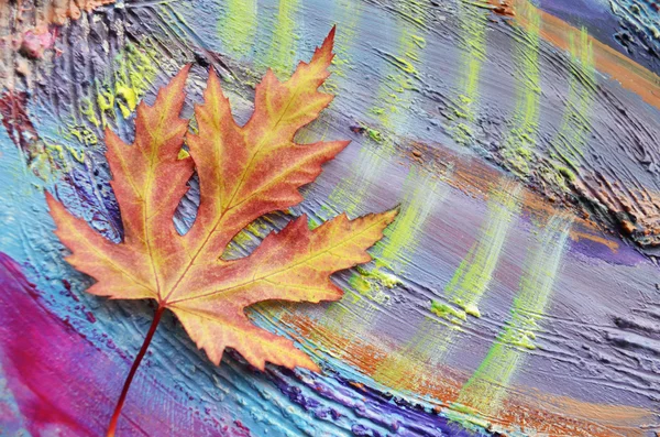 The autumn maple leaves on painted colorful wooden background. Beautiful colorful vivid autumnal maple leaves on the grunge wooden desk. Seasonal background.