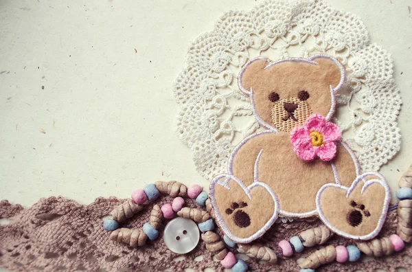 Decorative Photo Collage Vintage Style Teddy Bear Textile Elements Can — Stock Photo, Image