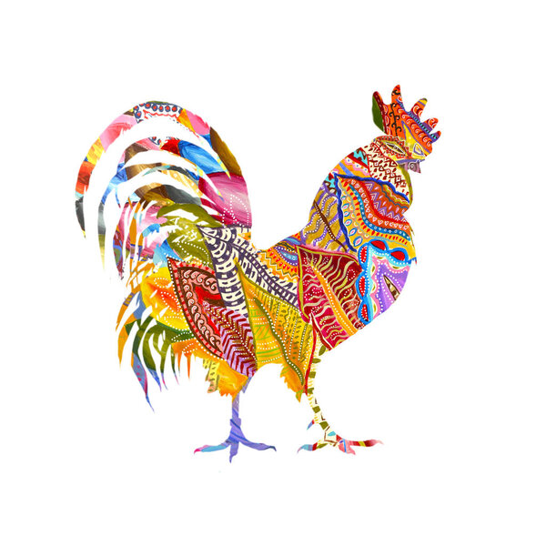 Colorful poster of a rooster isolated on white background. Good for prints, covers, posters, cards, gift design. Hand drawn illustration. Decorative ornament