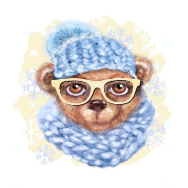 El gözlük, şapka ve atkı ile oyuncak ayı portresi çizilir. Moda hipster ayı portresi. Tebrik kartı, çizilen illüstrasyon el poster, elbiselere yazdırma. T-shirt baskı ayı, izole