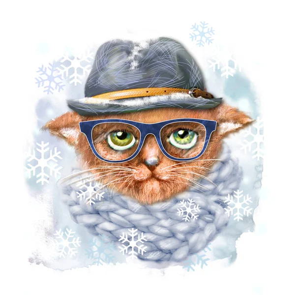 Hand drawn portrait of Cat with glasses, hat and scarf. Fashion portrait of hipster cat. Hand drawn illustration for greeting card, poster, or print on clothes. T-shirt print cat, isolated cat
