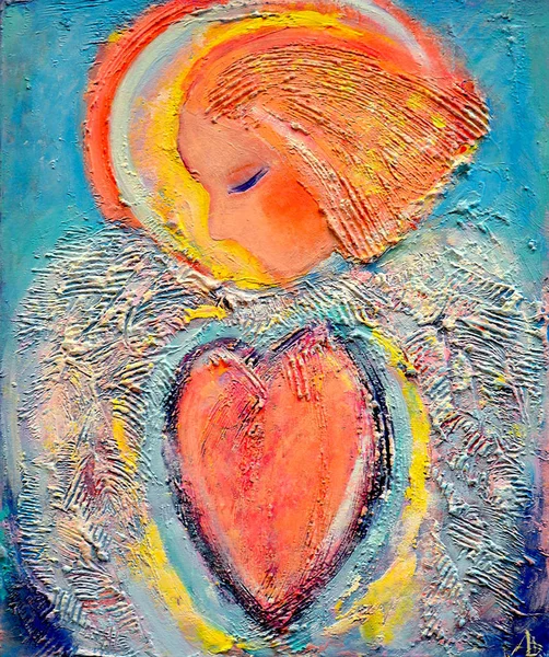 Beautiful Acrylic Painting Canvas Mysterious Angel Red Heart Surrounded Abstract — Stock Photo, Image