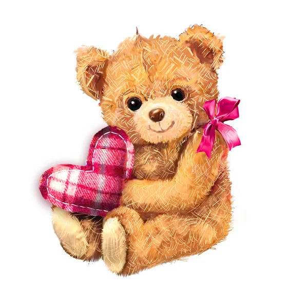 Teddybär Mit Herz Isoliert Auf Weißem Hintergrund Handgezeichnetes Teddybärspielzeug Sitzend — Stockfoto