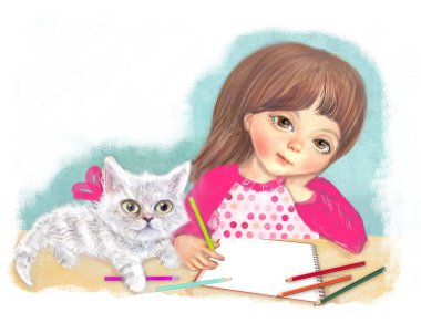 Illustration of a cute little girl with a cat. Artist girl begins to paint pencils in album. character design. Girl and Cat are going to paint. clipart