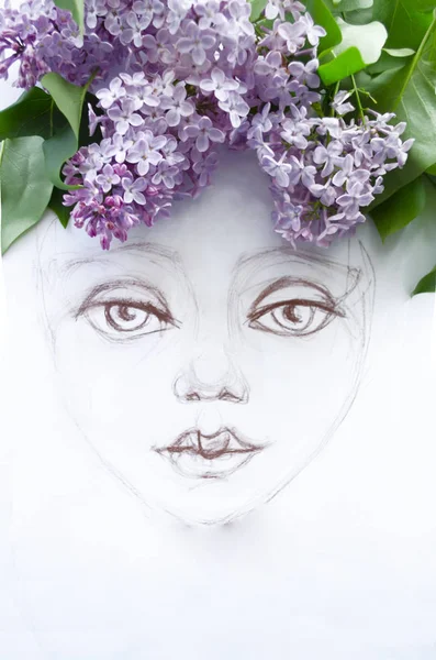 Primer Meisje Portret Wit Papier Versierd Met Natuurlijke Takken Van — Stockfoto
