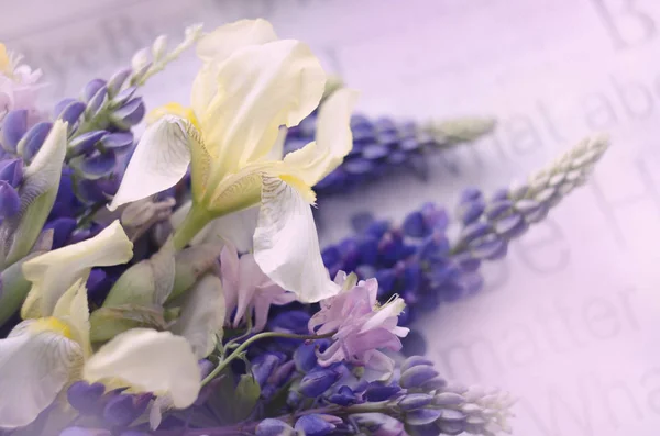 Composizione colorata con bouquet di fiori di iris. Fondo floreale — Foto Stock