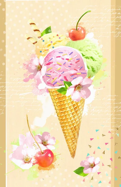 Gelato Cono Wafer Con Ciliegia Fiori Delizioso Gelato All Arcobaleno — Foto Stock