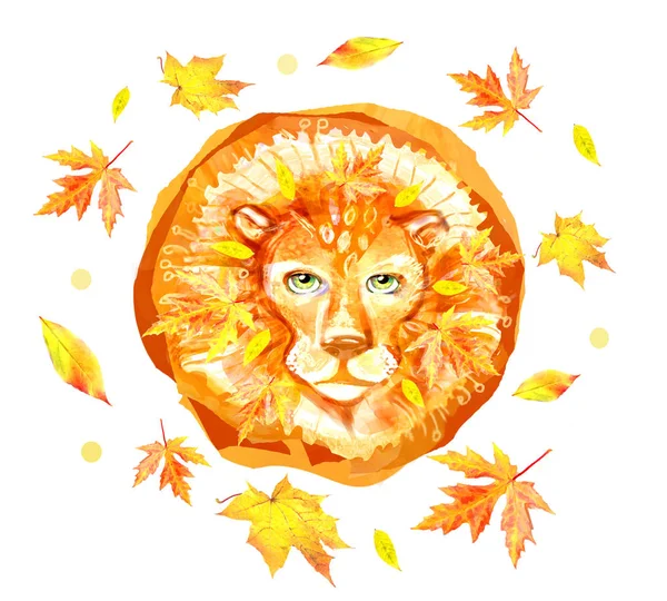 Autumn Lion Head Mane Isolated White Background Surrounded Yellow Leaves — Stock Photo, Image