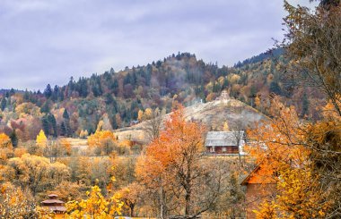 Sonbaharda Karpat dağları. Renkli sonbahar manzara sahnesi.