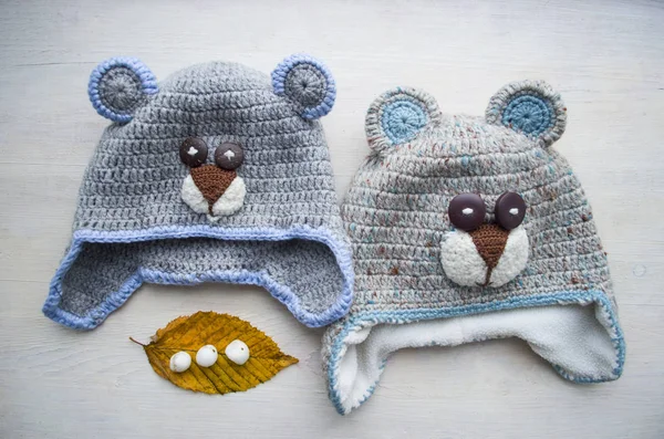 Children\'s hooked hat handmade in the form of a bear.