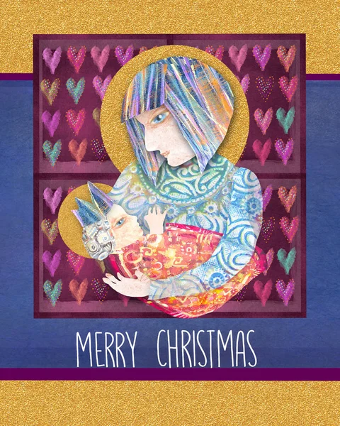 Рождественская Открытка Мэри Младенцем Иисусом Абстрактная Живопись Священный Семейный Дизайн — стоковое фото