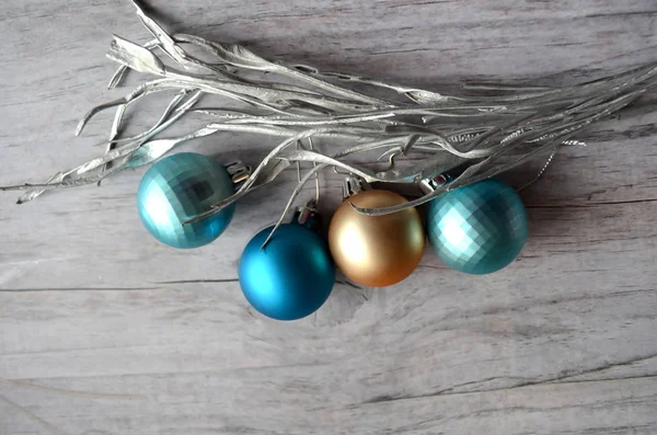 Christmas Balls Gold Turquoise Blue Wooden Background Decorated Silver Branch Stock Photo