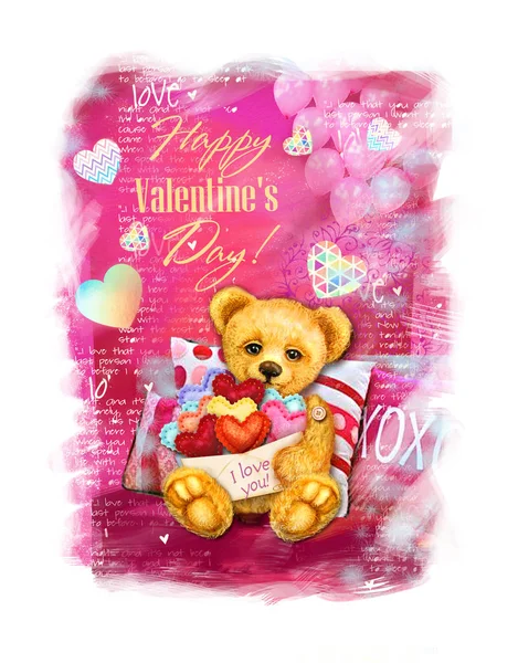 Feliz cartão do Dia dos Namorados. Coração de amor. Urso de peluche bonito — Fotografia de Stock
