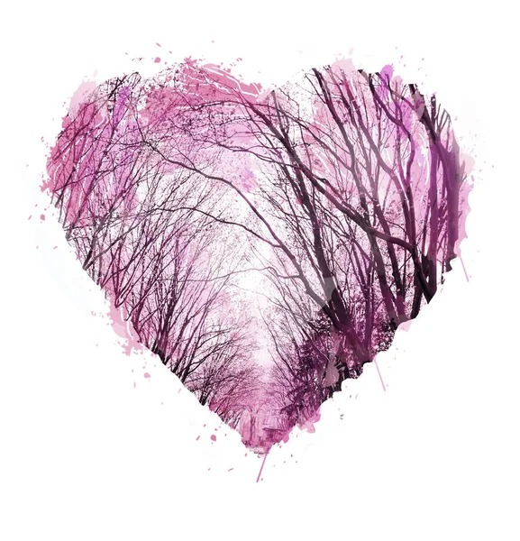 Abstrakte Handzeichnung. Aquarell Herz. Valentin-Hintergrund. Liebe Herzdesign. Fotocollage mit grafischen Silhouetten von Bäumen — Stockfoto