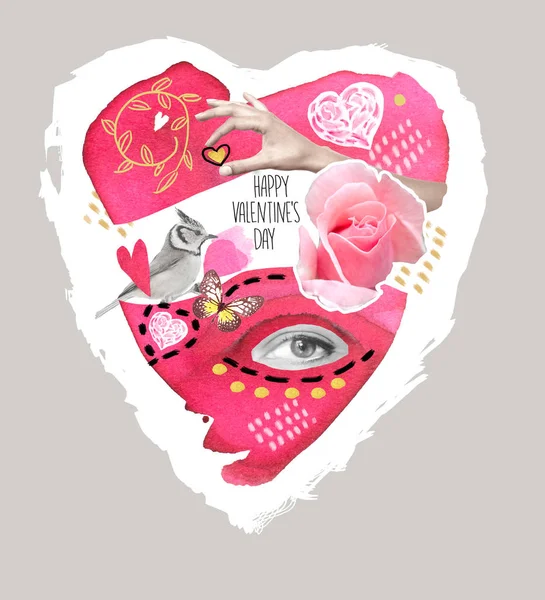 Collage print to Valentine\'s Day with elements of watercolor, black and white photos,.