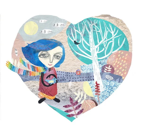Isolierte Illustration auf weißem Hintergrund. herzförmige Komposition mit Bäumen, Wolken, Büschen, Pflanzen und einem Haus. ein Mädchen mit buntem Schal hält einen Vogel in der Hand. — Stockfoto