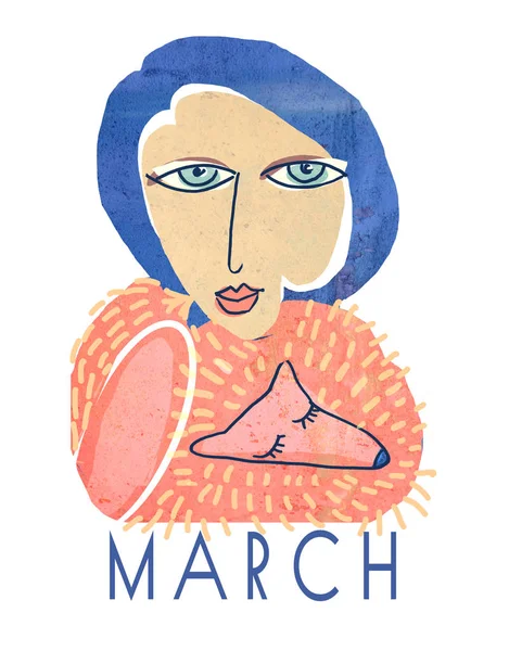 Un póster con una mujer de 30 años con un collar de piel de zorro. Un collage vintage texturizado. Un retrato de una mujer con el pelo azul.Saludos desde el 8 de marzo . — Foto de Stock
