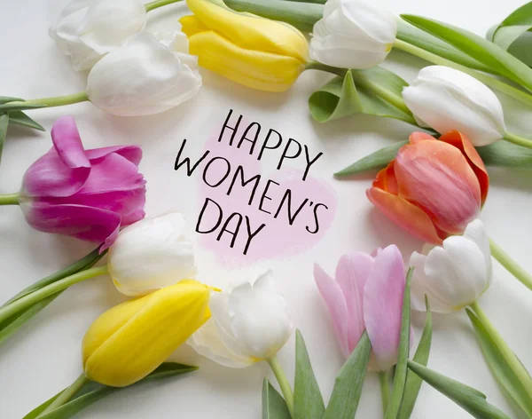 Happy women 's Day tulips.Beautiful blossoming tulip flower. Открытки к Международному женскому дню 8 марта . — стоковое фото