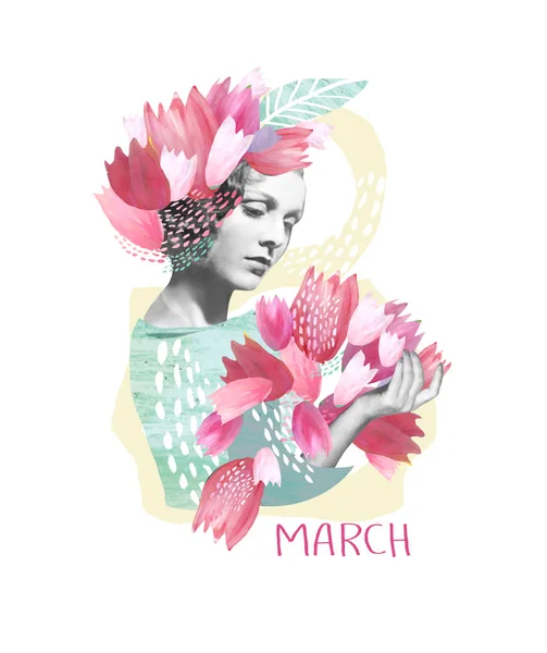 Un collage con la imagen de una chica primaveral con flores rosadas en el pelo y un ramo de tulipanes. Felicitaciones por el Día Internacional de la Mujer. Postal 8 de marzo . — Foto de Stock