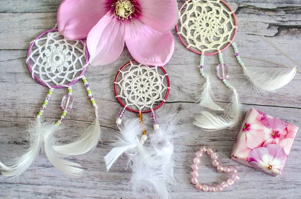 Dreamcatcher ahşap arka plan üzerinde tüyleri ile. Etnik tasarım, boho tarzı, kabile simgesi.