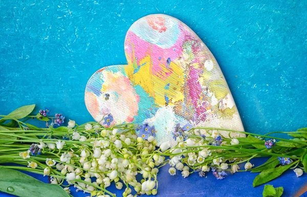 Virágcsokor Liliom Völgy Egy Grunge Kék Háttér Kártya Üdvözlet Anyák — Stock Fotó