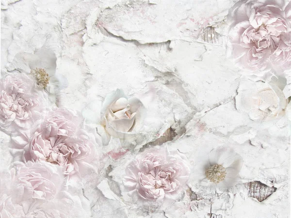 Peonies ve gül kırık duvarda. Vintage çiçek desenli - kaba arka plan. Grunge tasarım. Metin için yer ile dekoratif çerçeve çiçek.