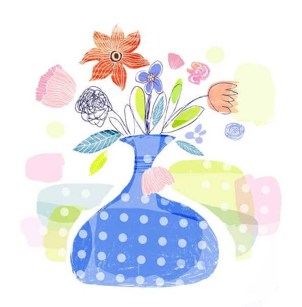 Illustration Blommor Blå Vas Tecknad Ritning Designelement — Stockfoto
