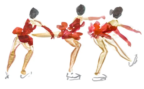 花样滑冰 三位舞者的水彩画 . — 图库照片