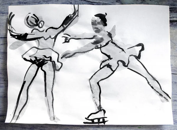 Croquis aquarelle de deux danseurs sur fond blanc. — Photo