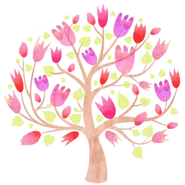 Spring tree with pink tulips on a white background. — Stock Photo, Image