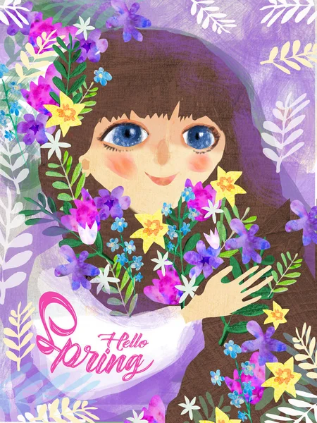 Dziewczynka z wiosennymi kwiatami. Witam wiosna ilustracja, — Zdjęcie stockowe
