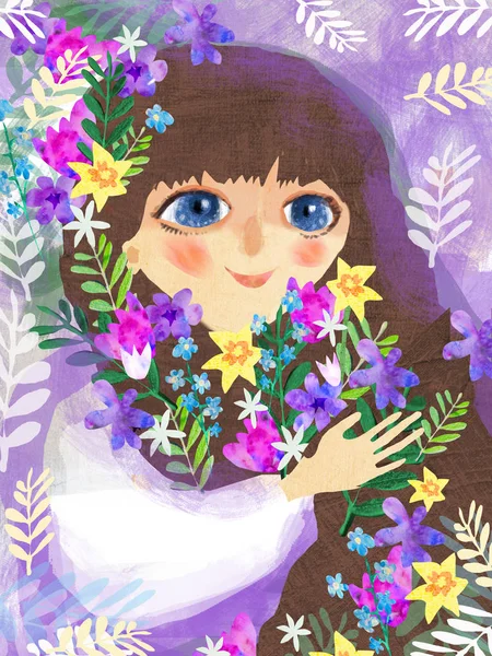 Kleines Mädchen mit Frühlingsblumen. Hallo Frühling Illustration, — Stockfoto