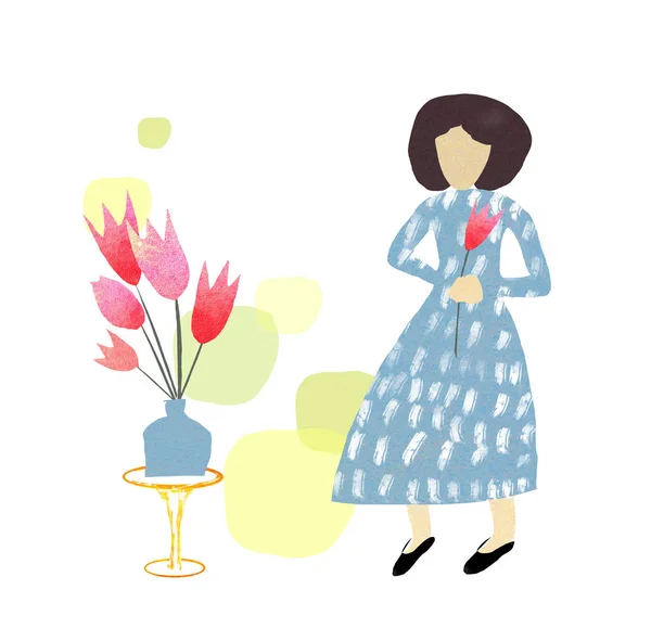 Vrouw met tulp in blauwe jurk. Hallo voorjaar illustratie. — Stockfoto
