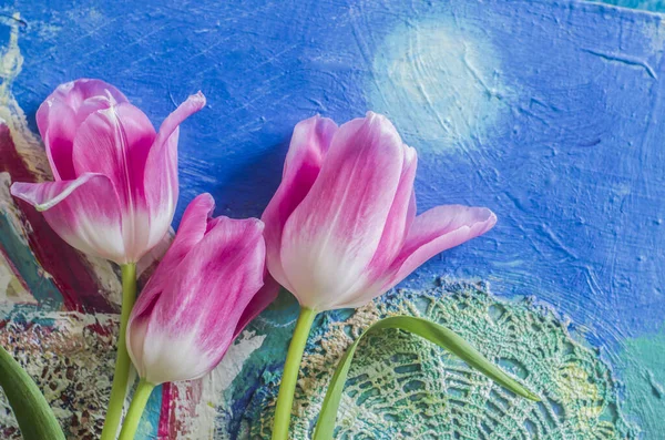 Όμορφη Σύνθεση Τουλίπες Τριαντάφυλλο Μοτίβο Φόντο Άνοιξη Floral Φωτογραφία Τέχνης — Φωτογραφία Αρχείου