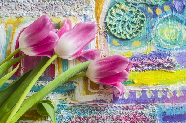 Όμορφη Σύνθεση Τουλίπες Τριαντάφυλλο Μοτίβο Φόντο Άνοιξη Floral Φωτογραφία Τέχνης — Φωτογραφία Αρχείου
